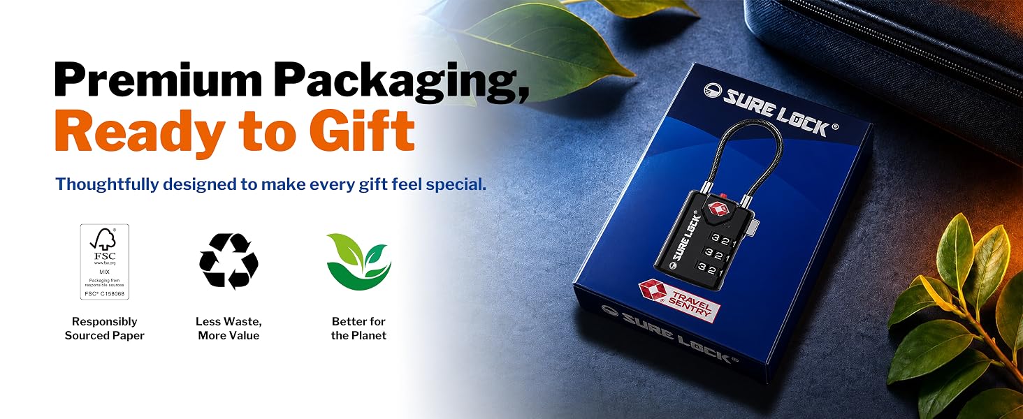 Premium gift ready packaging for luggage lock with eco friendly FSC certified materials