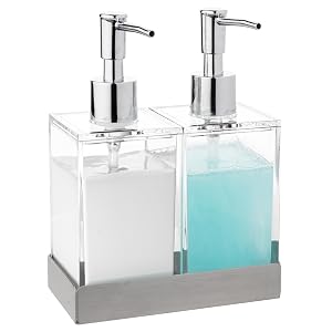 Acrylic Twin Liquid Soap and Lotion Dispenser Set with Caddy - Double Soap Dispenser for Kitchen