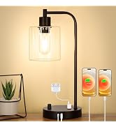 Industrial Table Lamp with USB A+C Ports and Outlet, Fully Stepless Dimmable Modern Nightstand La...