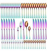 A · HOUSEWARE Rainbow Silverware Set for 12, Colorful Titanium Plated Stainless Steel Cutlery wit...