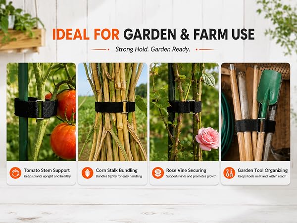 Hook and loop plant ties for garden & farm, vine and tool bundling application banner