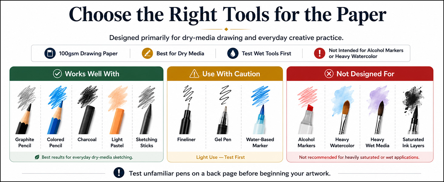 Fuxi's small sketch book guide: showing graphite, colored pencil, charcoal, pens and wet media.