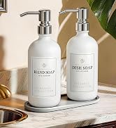 White Glass Soap Dispenser Set of 2, 16oz Hand and Dish Soap Dispenser for Kitchen & Bathroom, Si...