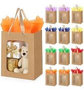 Ethhqu 12-Pack Brown Kraft Gift Bags with Clear Window and Handles, Includes 24 Tissue Paper, 9.8...