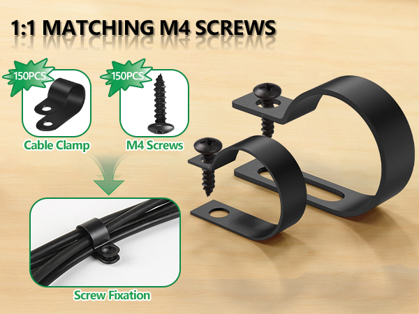 Black cable management system showing 150-piece set of cable clamps and M4 screws, with demonstration of screw fixation method for securing cables.