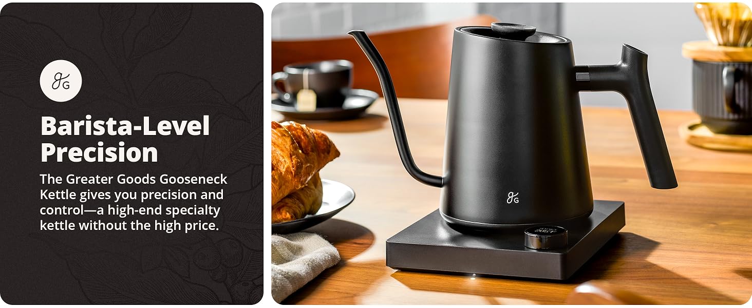 greater goods electric gooseneck kettle on wooden table in bright kitchen space