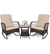 LEVELEVE 3 pcs Rocking Bistro Set Conversation Chairs PE Wicker Outdoor Rocking Chairs & Glass Ta...