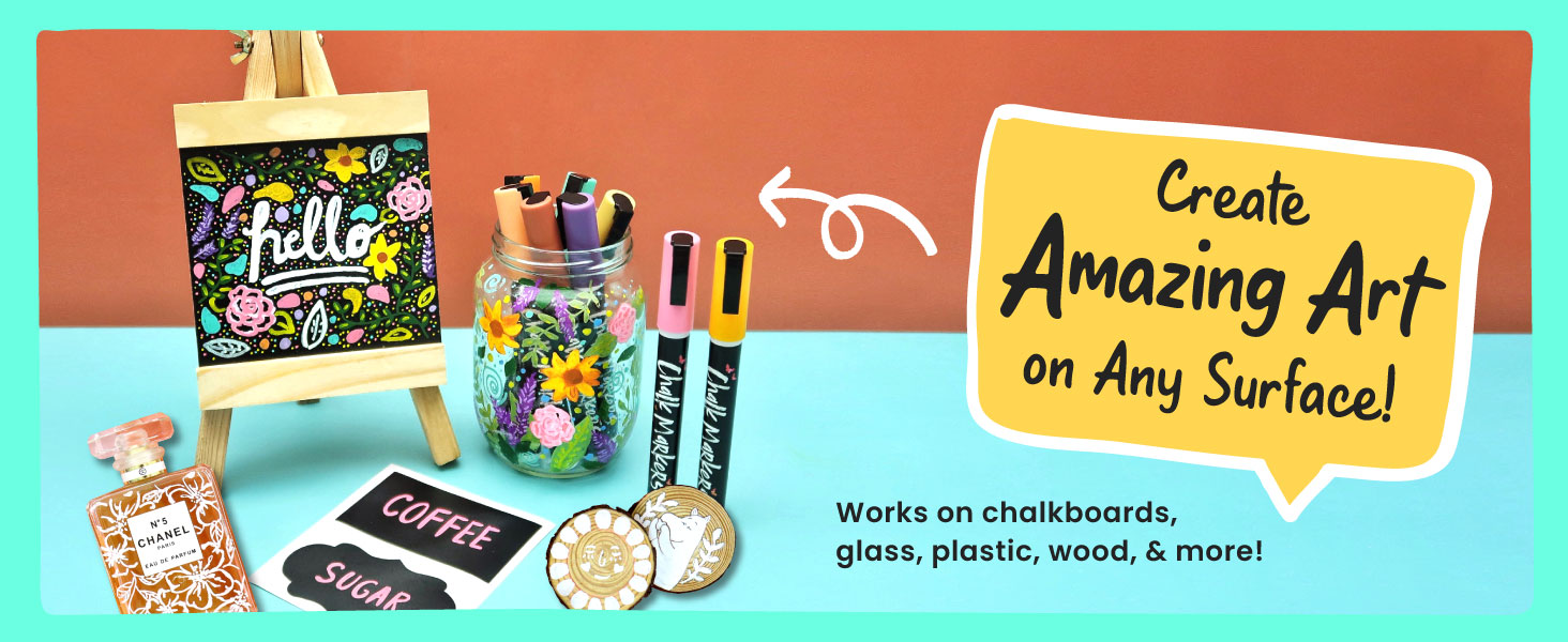 Chalkola chalk markers can be used on virtually any surface such as glass, plastic, wood, & more!