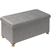 PINPLUS Folding Ottoman Coffee Table with Wooden Legs, Grey Ottoman with Storage, Large Linen Ott...
