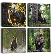 OTOSTAR 4 Pieces Wall Art Canvas Prints - Forest and Bear Picture Painting - Modern Wall Artwork ...