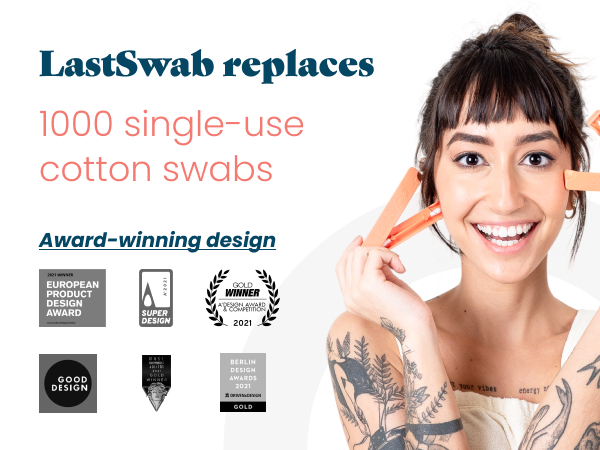 Woman holding two open orange LastSwab cases with award badges and a teal LastSwab.
