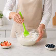green silicone spatula mixing cream in glass bowl