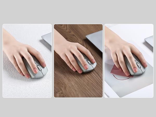 Sequential images showing hands using a cleaning or polishing tool on various surfaces including wood and light-colored materials.