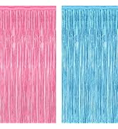 2 Pack Gender Reveal Decorations, 3.28 FT x 7.05 FT Pink and Blue Fringe Backdrop, Metallic Boy o...