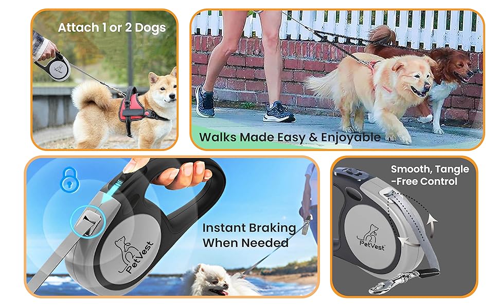 Walk Freely – Leash extends/retracts up to 10 FT or 16 FT