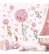 decalmile Animal Flower Pink Dandelion Wall Stickers Forest Animals Elephant Fox Monkey Wall Deca...