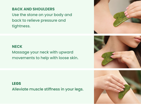 Plantifique rose quartz gua sha used for body massage on shoulders and neck for tension relief