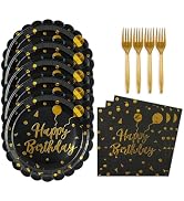 BOKFJBP 48PCS Happy Birthday Plates and Napkins Party Supplies-Disposable Black and Gold Birthday...