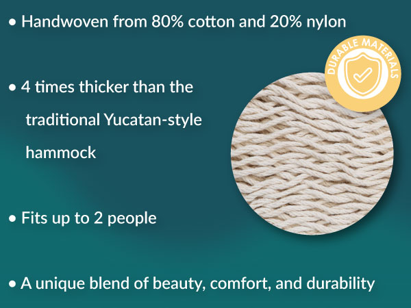 handwoven from 80% cotton 20% nylon fits up to two people a blend of beauty comfort and durability