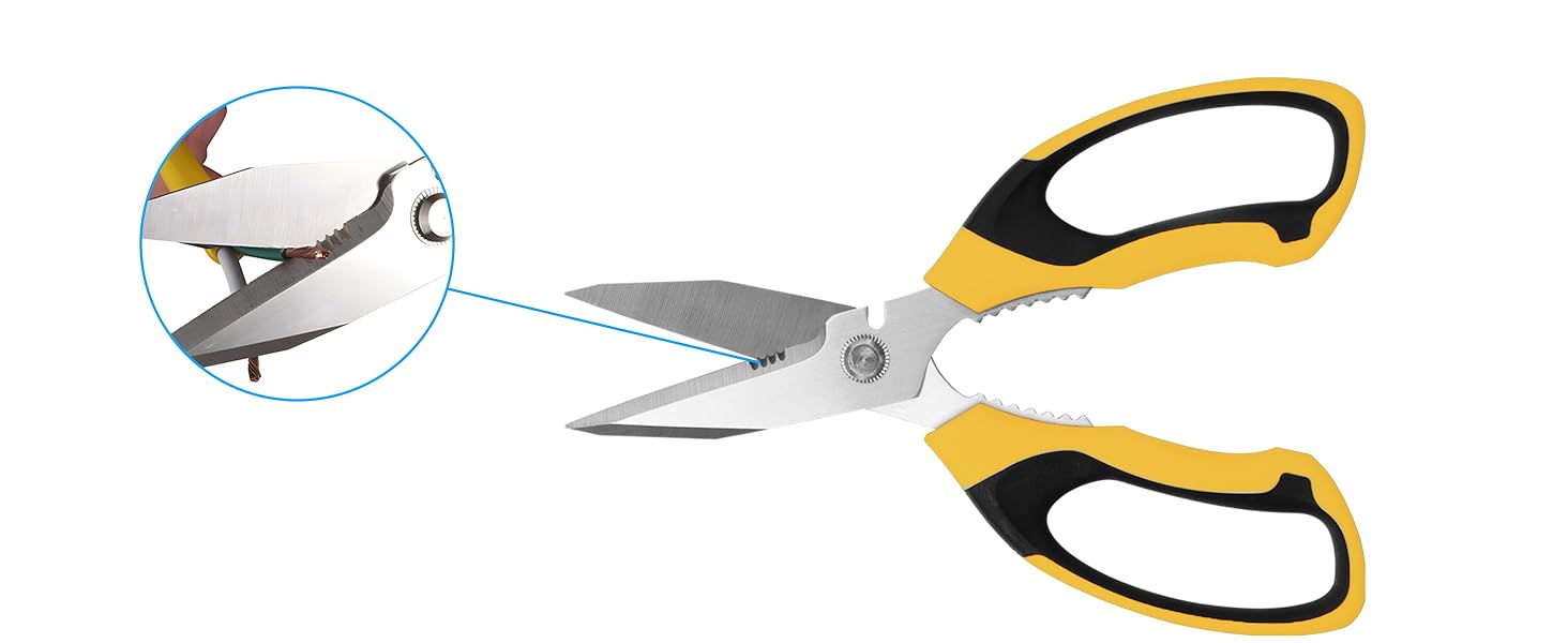 Multifunctional utility scissors all purpose heavy duty built-in wire stripping slots and more