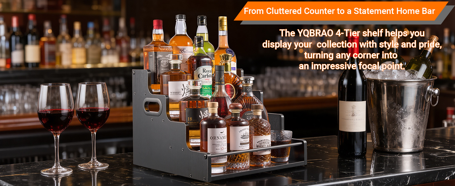 4 tier rustic wood liquor shelf for home bar, countertop organizer for alcohol bottles.