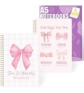 Xqumoi 2 Pack A5 Pink Bow Coquette Religious Spiral Notebooks - She Is Worthy Bible Verses Writin...
