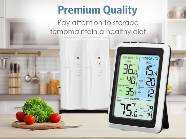 Refrigerator Thermometer with Freezer Alarm, Digital Wireless Fridge Thermometer with 2 Sensors