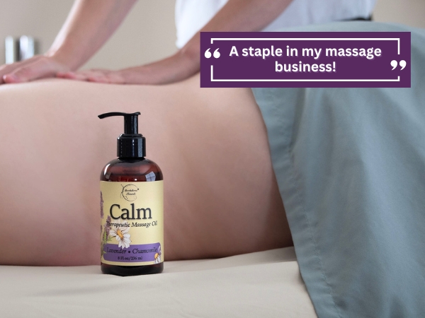 Calm massage oil is perfect for massage therapy being used by a massage therapist.
