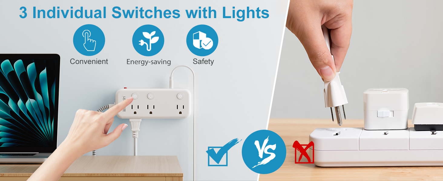 Individual switches let you power devices on/off without unplugging, for convenience