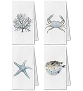ChissNook Coastal Beach Kitchen Towels, Vintage Crab Coral Starfish Puffer Fish Dish Towels for K...