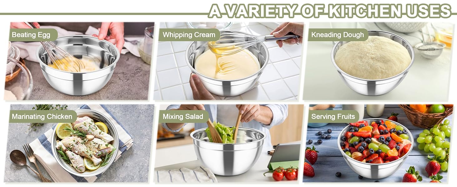 various kitchen needs: serving flour, kneading dough, baking food, mixing salad, washing vegetables