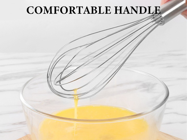 Text reads 'COMFORTABLE HANDLE'. Kitchen utensil with handle being used to mix ingredients in a white bowl containing yellow liquid mixture.