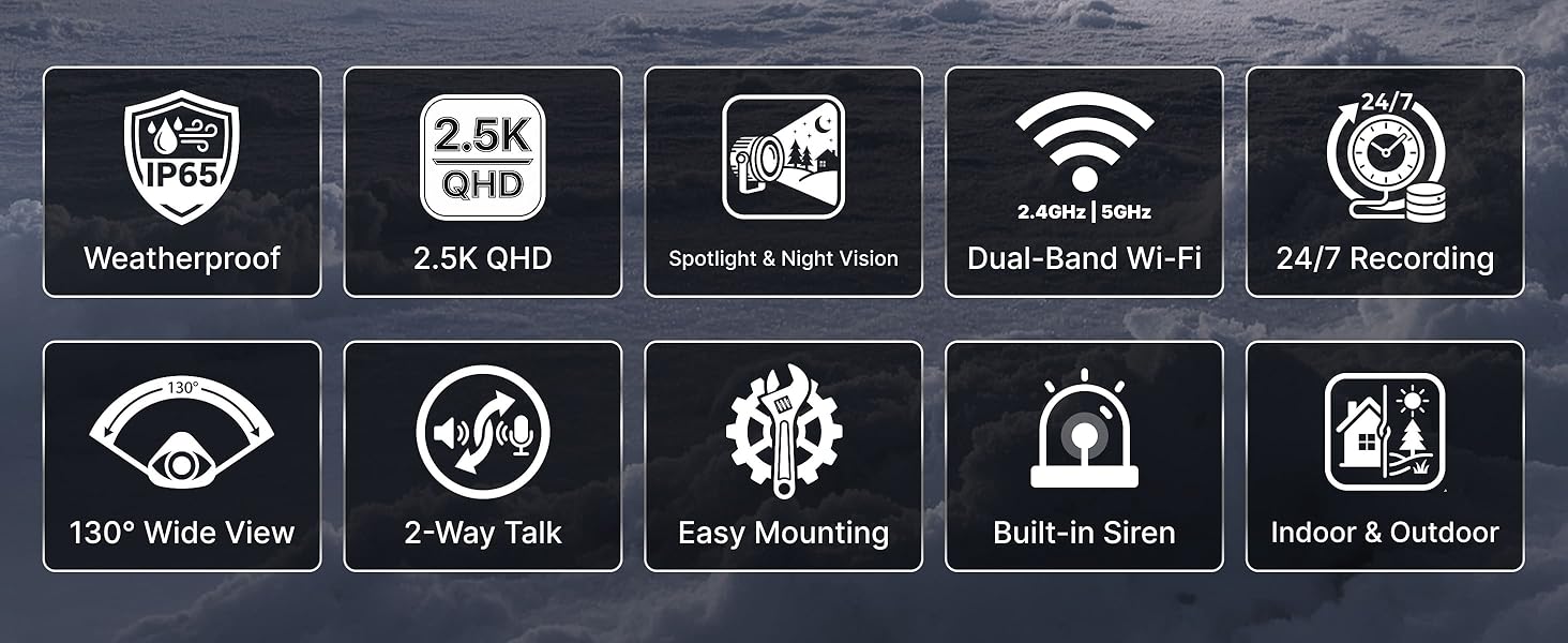 Text reads 'LED mood light, 2-way tap, Easy bluetooth, Built-in mic, Audio & Speaker'. Dark background shows 8 product feature icons arranged in two rows.