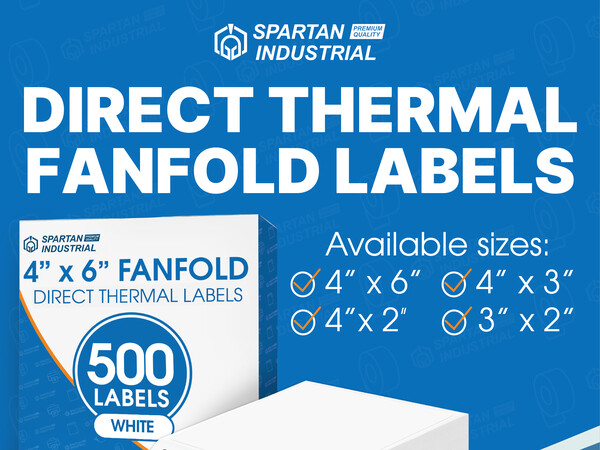 The Spartan Industrial logo and the text “Direct Thermal Fanfold Labels” available in four sizes