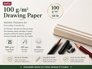 100gsm 68lb white drawing paper sheets for sketching, pencil and dry media artwork.