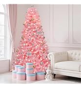 YITAHOME 6ft Prelit Pink Artificial Christmas Tree with Warm-White Lights | Pink Hinged Christmas...