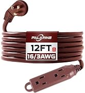 PALARINE Indoor Extension Cord 3 Outlets Flat Plug Power Strip, UL Listed, 16 Gauge 12 ft Brown 3...
