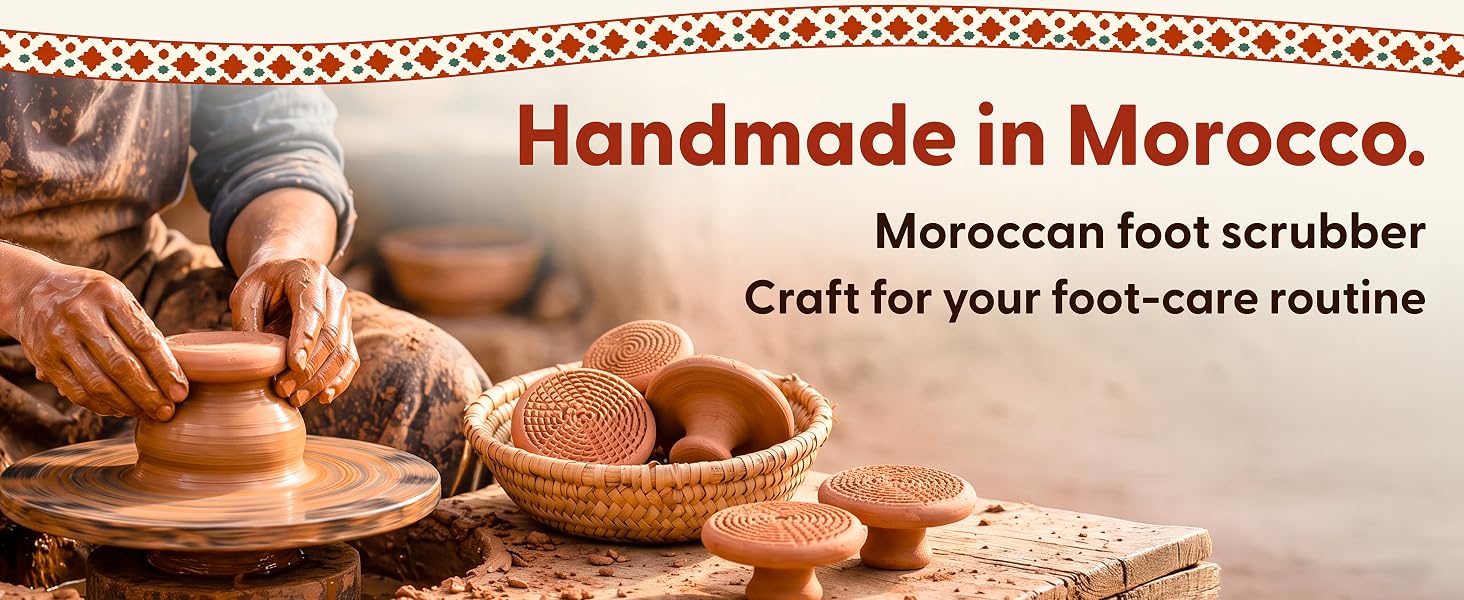 An artisan shapes clay on a pottery wheel beside handmade terracotta foot scrubbers