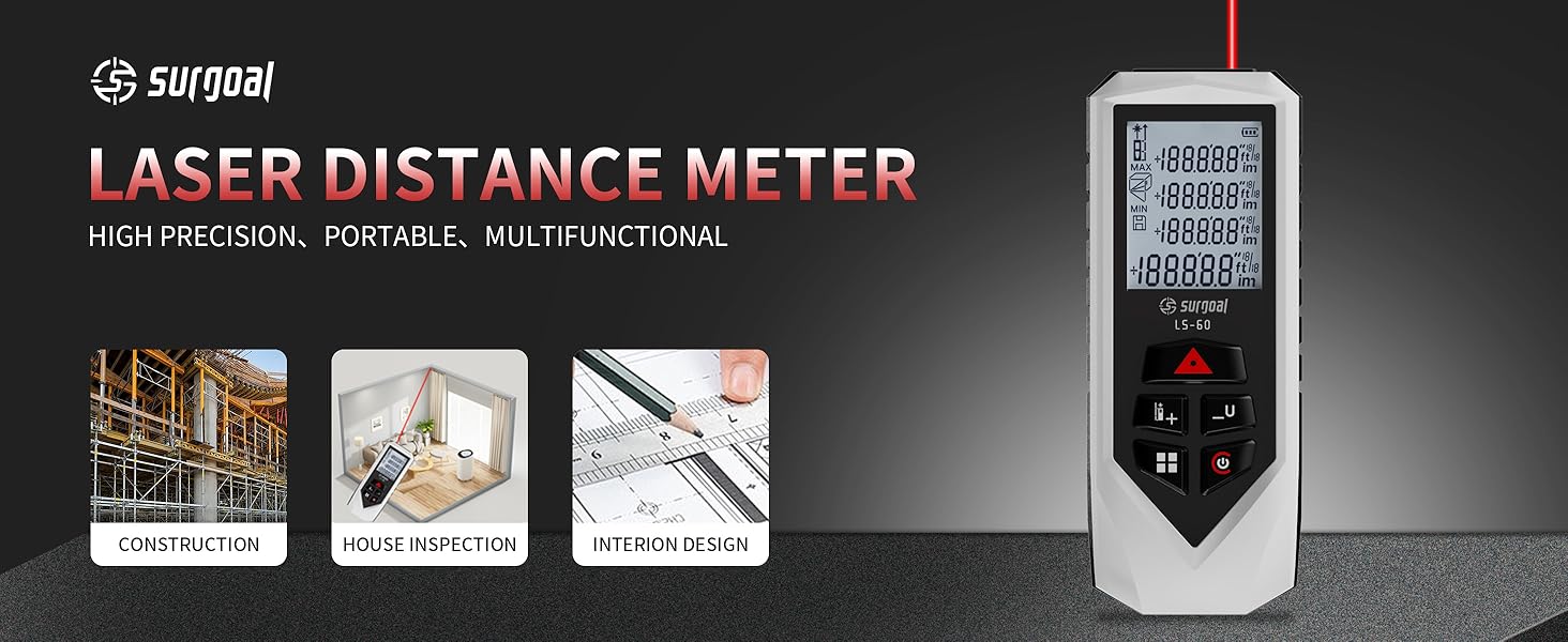 laser distance meter. Precise, portable, 9 modes, large display, accurate for construction