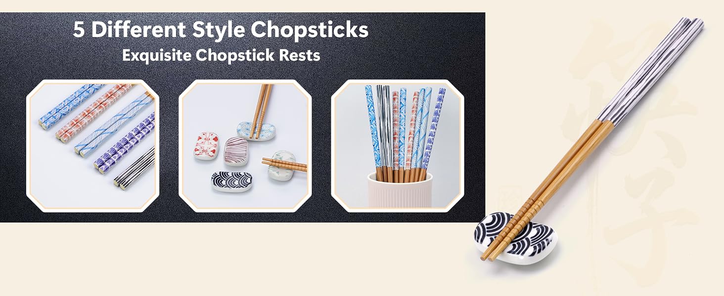 Reusable Bamboo Chopsticks and 5PCS Ceramic Rests Set