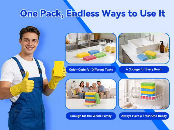 olorful cellulose sponges used near kitchen and bathroom sinks for household cleaning tasks.