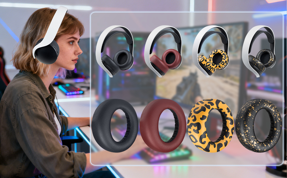 Person wearing headphones standing before display of multiple colorful over-ear and on-ear headphones mounted on wall with RGB lighting.