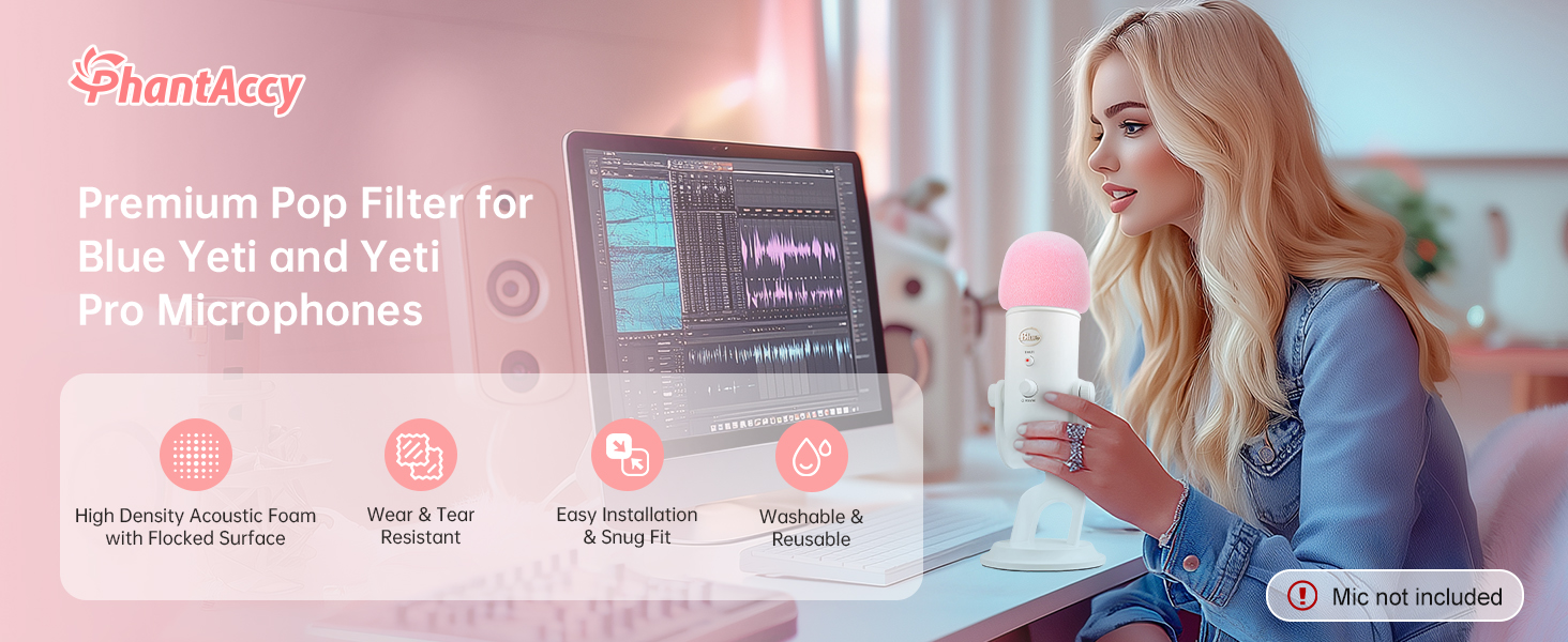 PhantAccy,Pop Filter/Windscreen for Blue Yeti and Yeti Pro Microphones, Foam Mic Cover