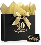 JMANNI Black Gold 40th Birthday Gift Bag with Card and Tissue Paper, 12.6"×9.84"×3.9" Elegant Pre...