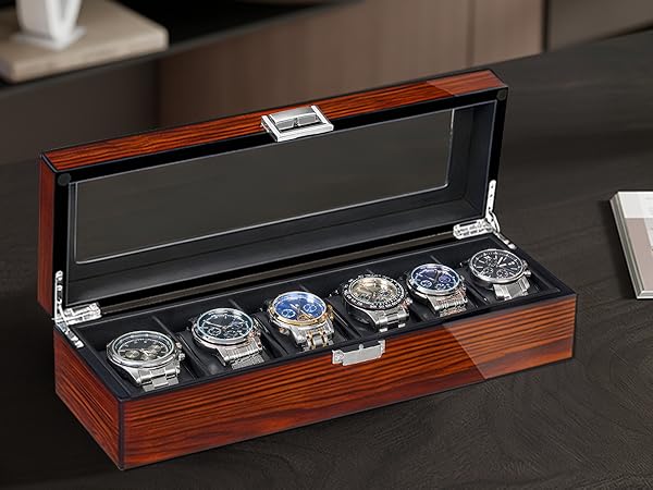 BEWISHOME Watch Box, 6 Slot Mens Watch Case, Watch Storage Organizer for Men, Watch