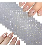12 Sheets Silver Gold Moon Star Nail Art Stickers - 3D Self Adhesive Decals for Design and Decora...