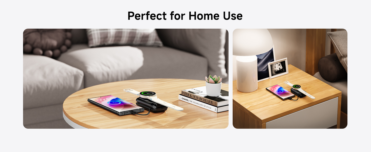 Two images of a wooden surface with various devices: smartphones, tablets, and remotes. Text reads 'Perfect for Home Use'.