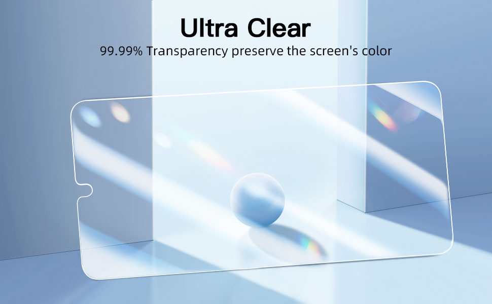 Clear, transparent screen protectors displayed against a blue background, emphasizing 99.99% transparency to preserve screen color.