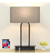 3-Way Dimmable Touch Control Table Lamp with USB Ports and AC Power Outlet Modern Bedside Nightst...
