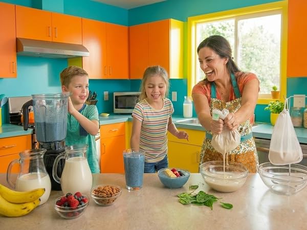 Mother and children making nut milk with Ellie's Best Nut Milk Bag and having fun
